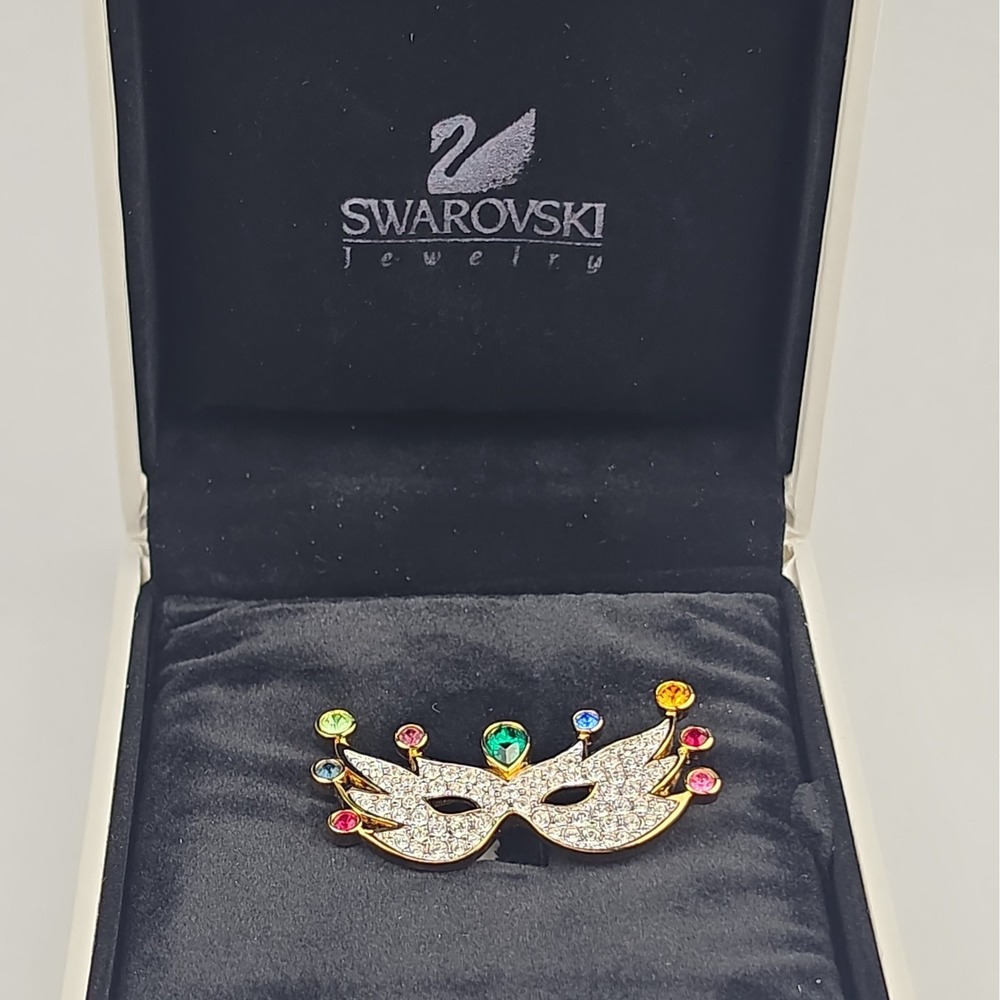 NOS Signed Swan Swarovski Pave Mask Brooch Pin Original Box Stunning